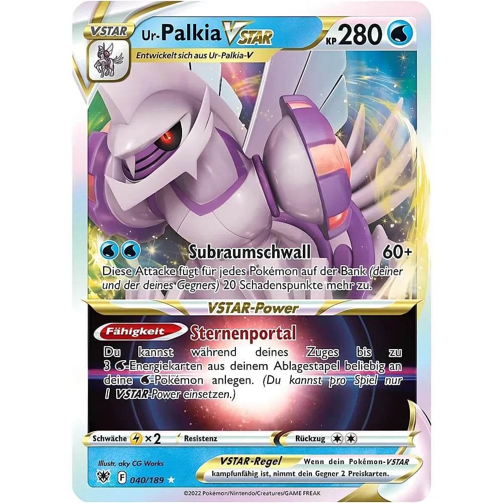 Ur-Palkia VSTAR Pokémon-Karte mit 280 KP, lila-weißem Kreaturendesign und deutschem Text.