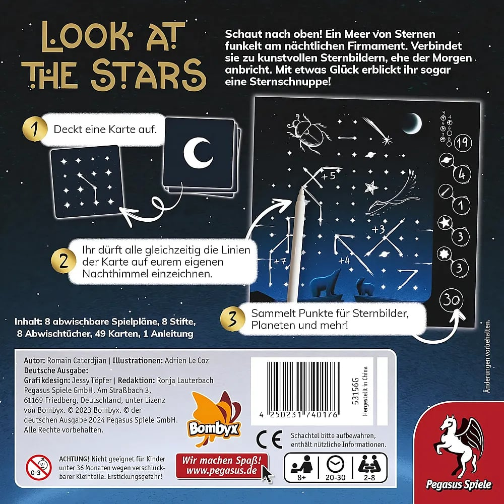 Rückseite der Spieleverpackung Look at the Stars mit drei Spielschritten, Inhalt und Herstellerinformationen.