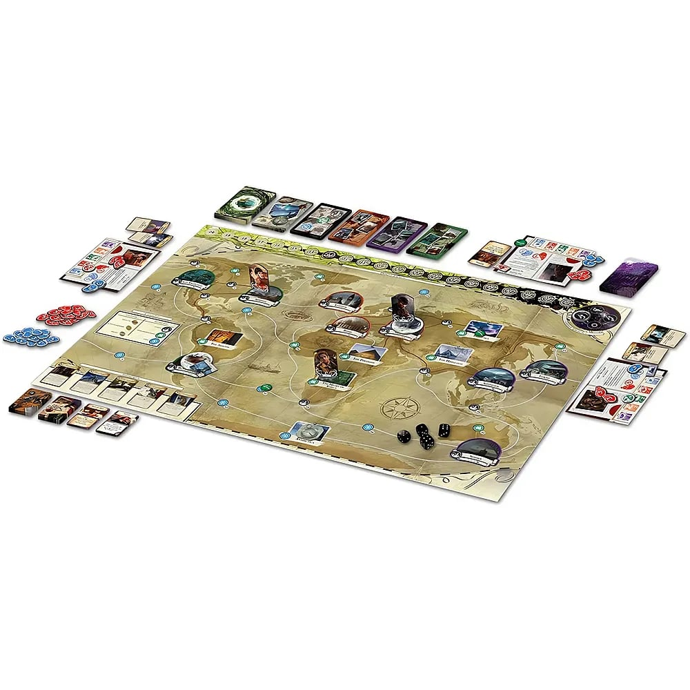 Brettspiel mit Weltkarte, Figuren, Karten und Würfeln auf weißem Hintergrund.