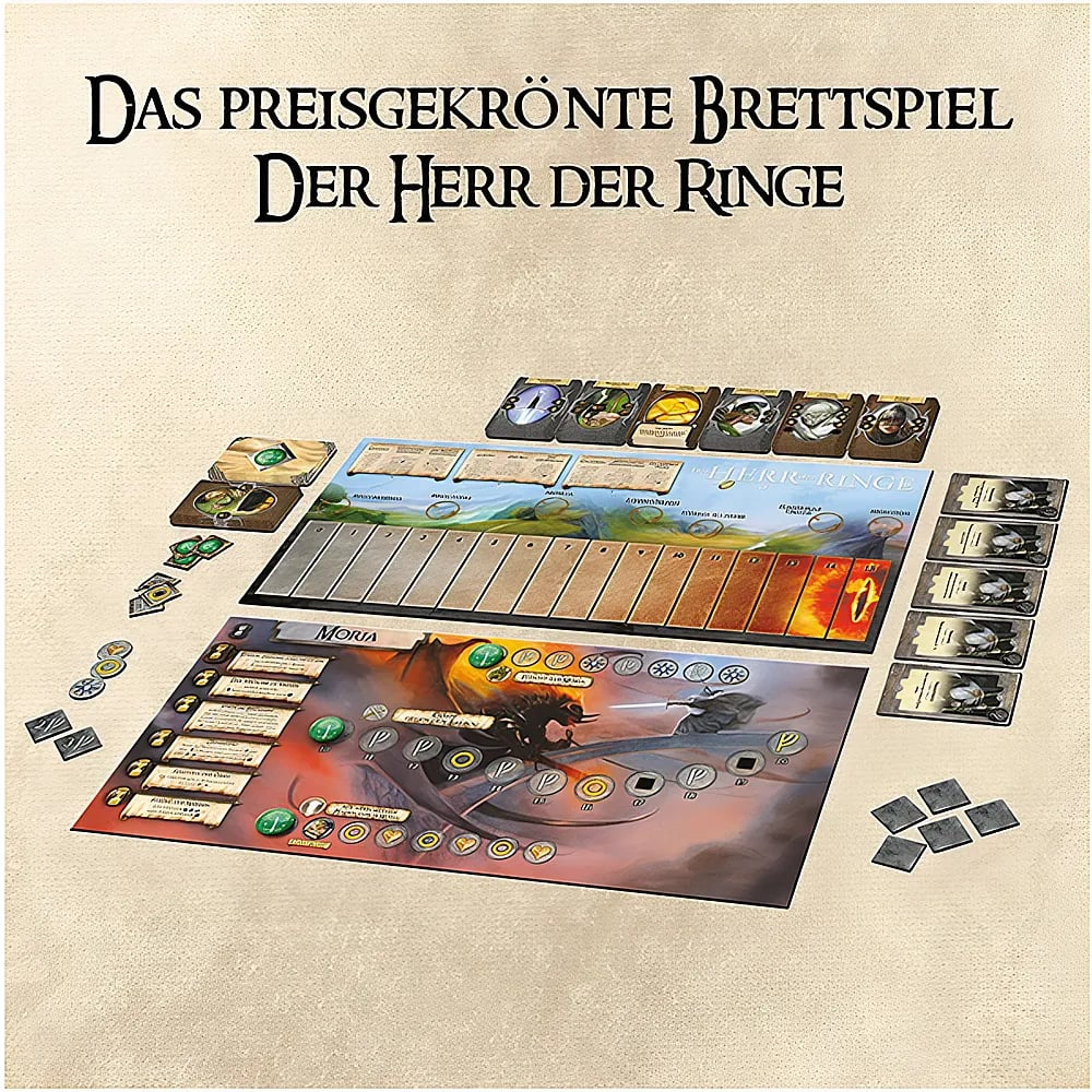 El galardonado juego de mesa El Señor de los Anillos, mostrado con tableros, cartas y fichas.