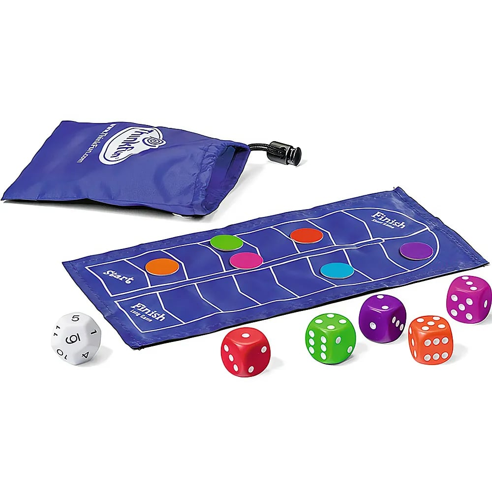 Ein blaues Spielbrett mit Start- und Zielfeldern, bunten Spielsteinen, Würfeln und einer blauen Aufbewahrungstasche.