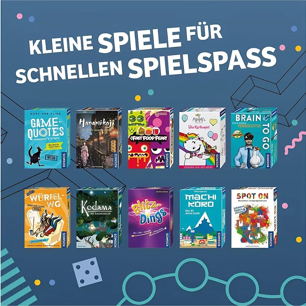 Verschiedene Kosmos Brettspiele vor blauem Hintergrund mit Text.
