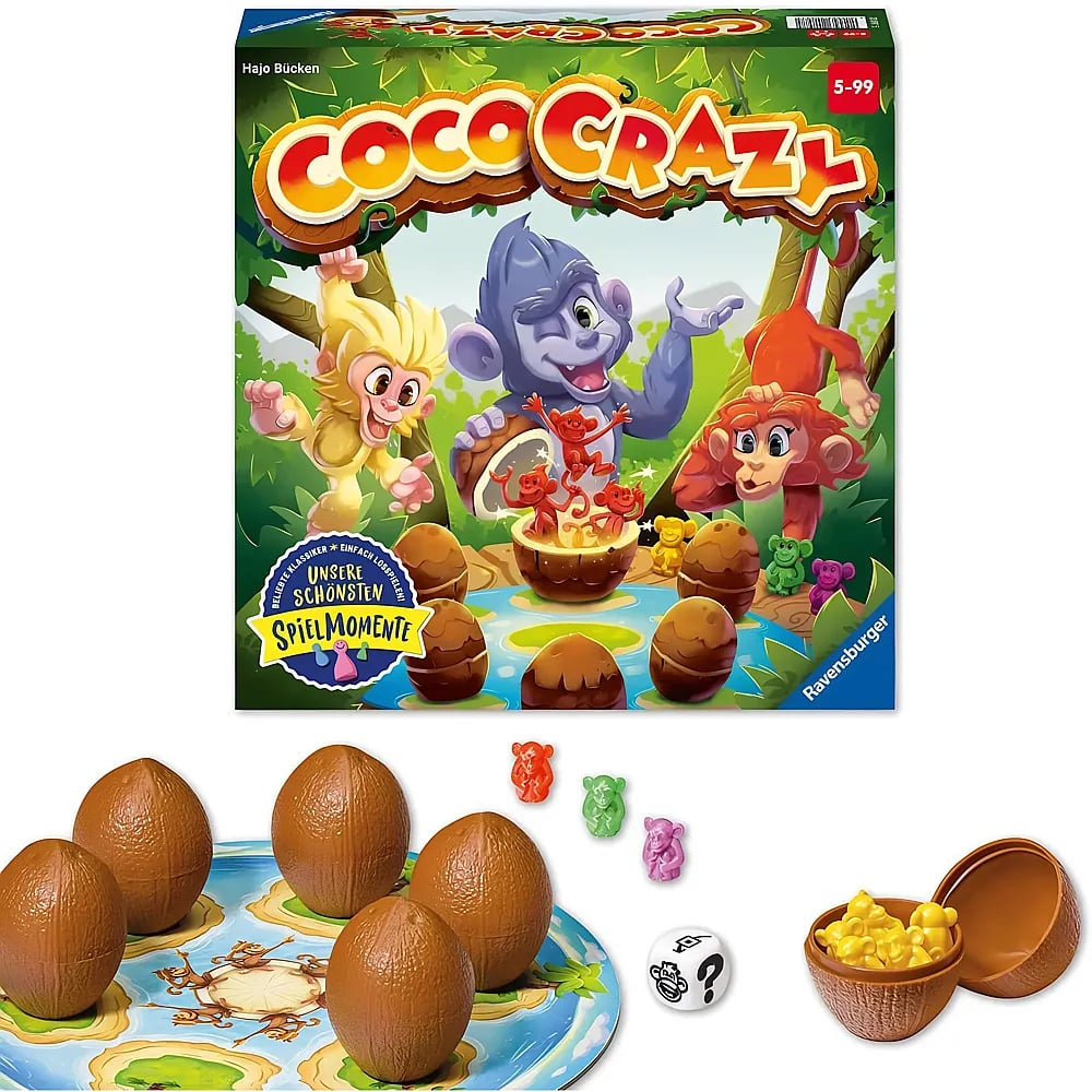Jeu de société Coco Crazy de Ravensburger avec des singes, des figurines de noix, un plateau d'île et un dé.