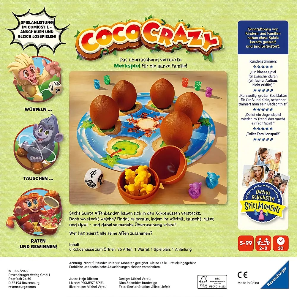 Dos de la boîte du jeu Coco Crazy avec des noix de coco marron, un plateau, des dés et des figurines de singes.