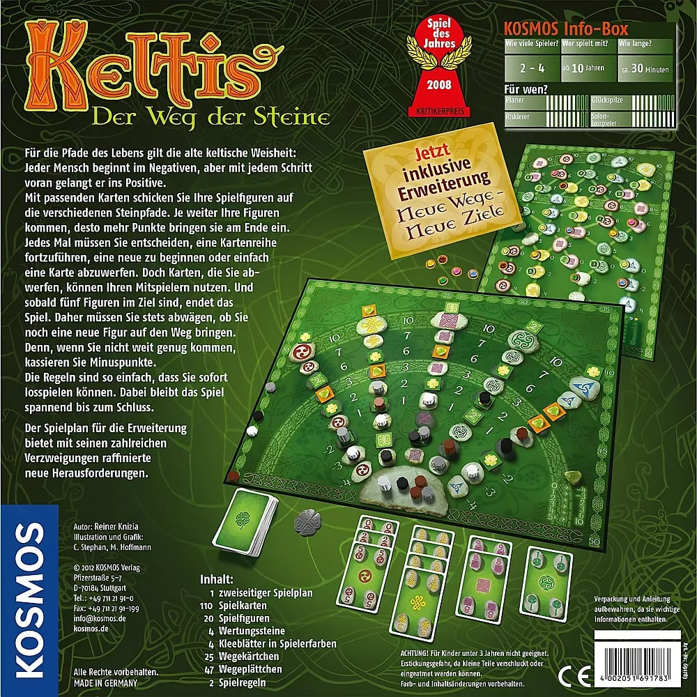 Rückseite der Keltis Brettspielverpackung mit Spielregeln, Komponenten und Ansicht des Spielplans.
