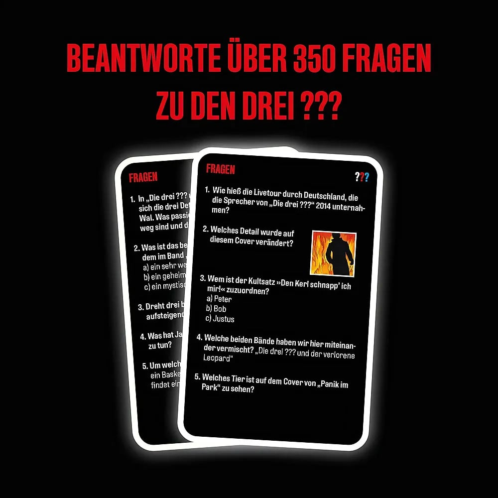 Zwei schwarze Fragekarten mit weißer Schrift und roter Überschrift vor schwarzem Hintergrund.