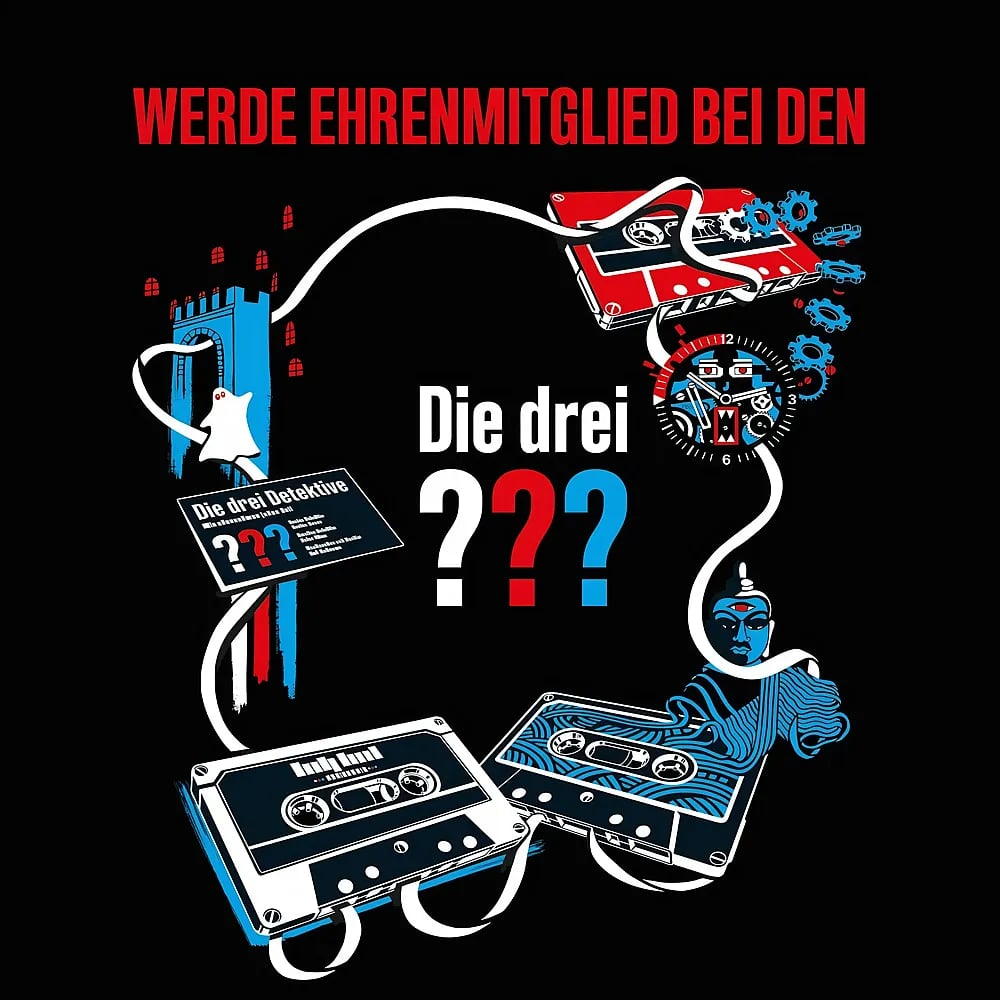 The Three Investigators Poster mit Kassetten, Uhr, Schloss und Schriftzug vor schwarzem Hintergrund.