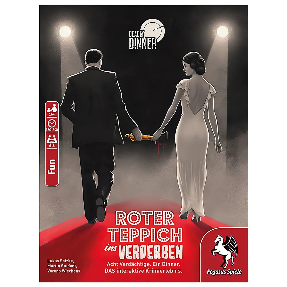Ein Paar geht auf einem roten Teppich und hält eine blutige Statue.