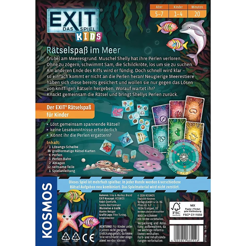 Rückseite der EXIT Kids Brettspiel-Verpackung mit Unterwassermotiv, Texten und Spieldetails.