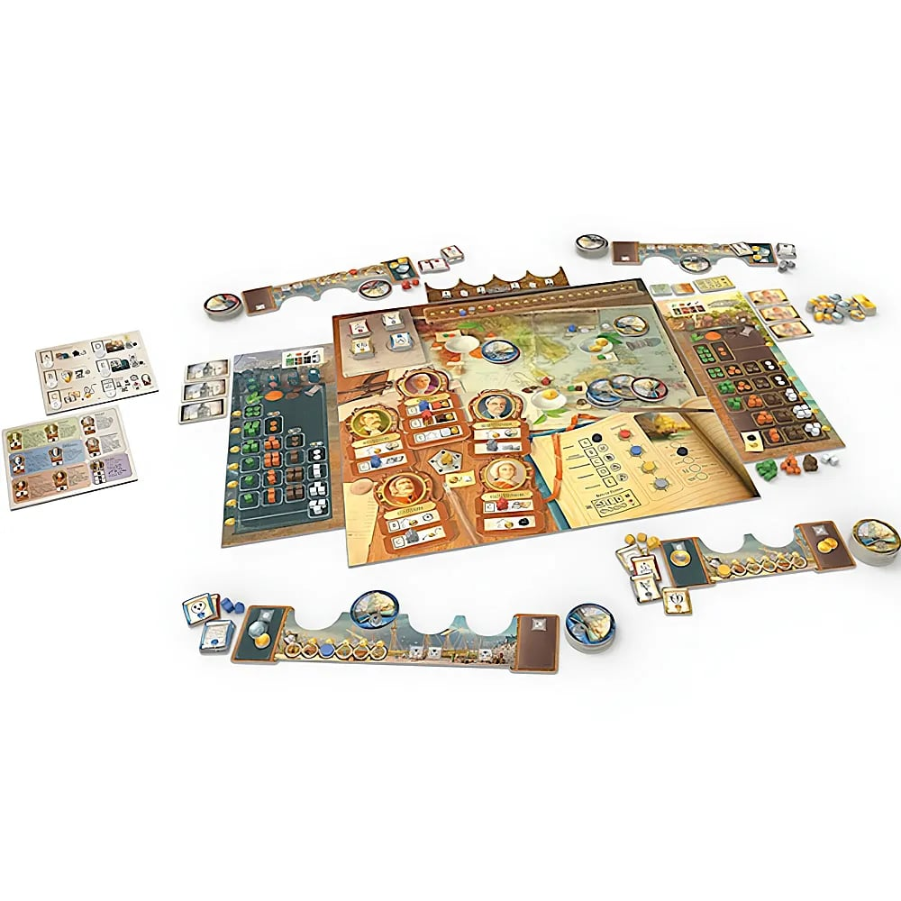 Un jeu de société détaillé avec cartes, plateaux de joueurs et carte centrale sur fond blanc.