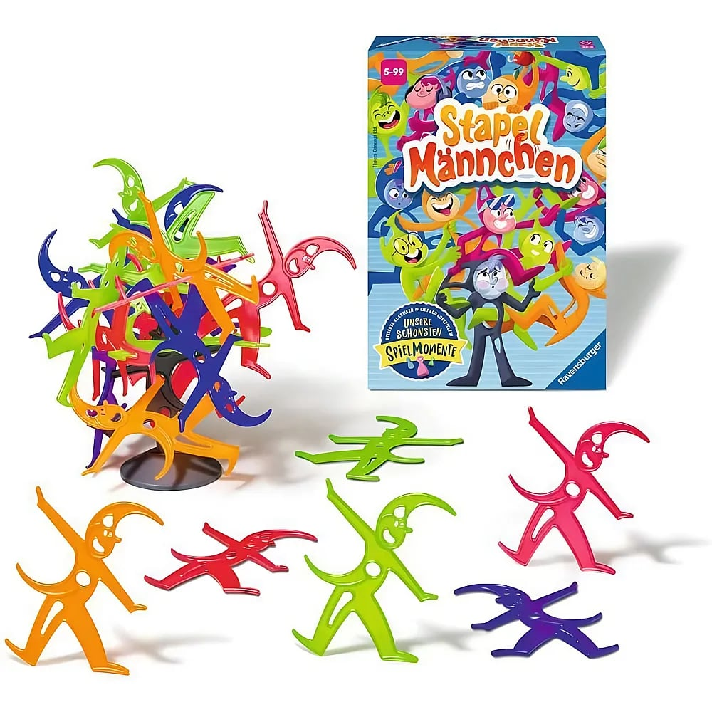 Jeu d'empilement Stapel-Männchen avec figurines colorées et boîte.