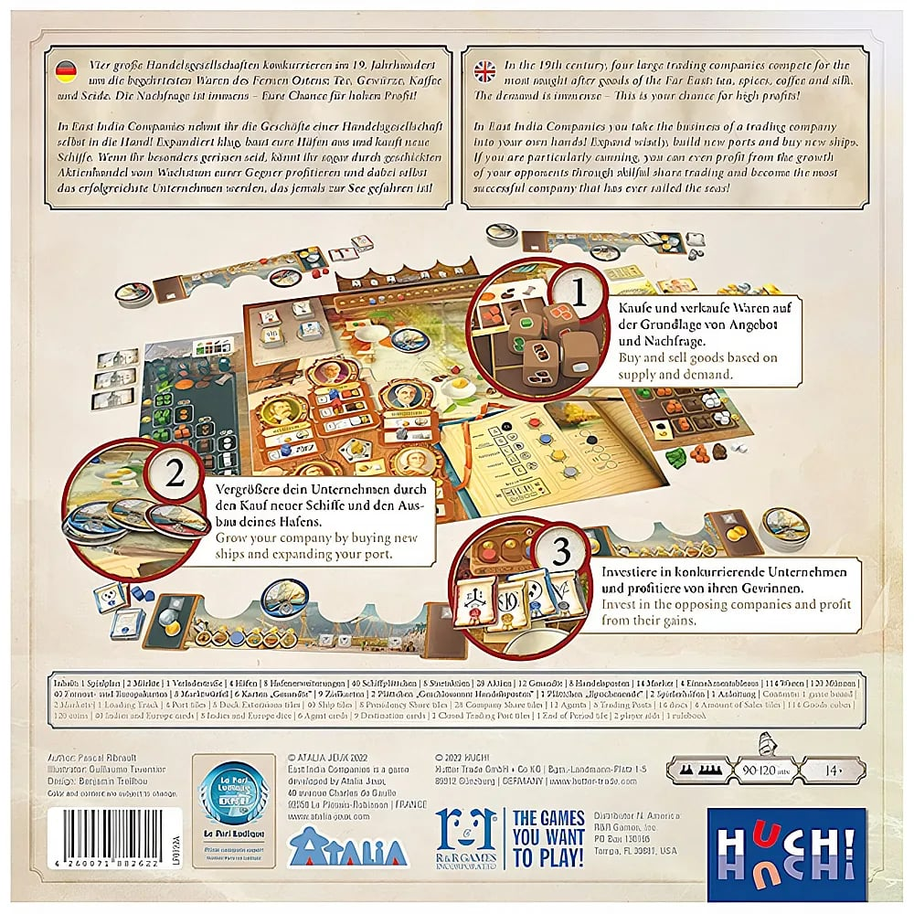 Dos d'une boîte de jeu de société avec composants, descriptions en allemand et en anglais, et graphismes.