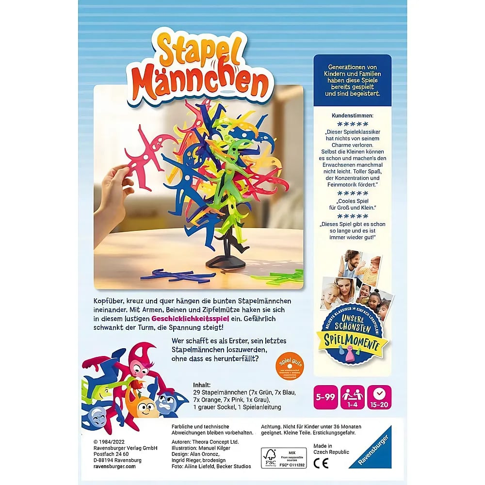 Dos de la boîte du jeu Ravensburger Stapelmännchen avec des figurines empilables colorées et des détails.