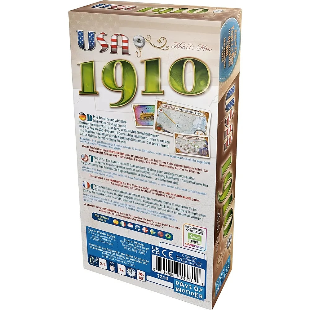 Rückseite der Spielschachtel für Ticket to Ride: USA 1910 mit Text, Bildern und Logos.