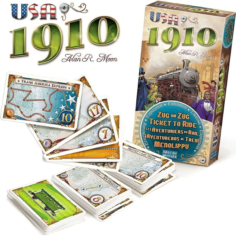 Die Brettspielbox und Karten der Ticket to Ride: USA 1910 Erweiterung auf weißem Hintergrund.