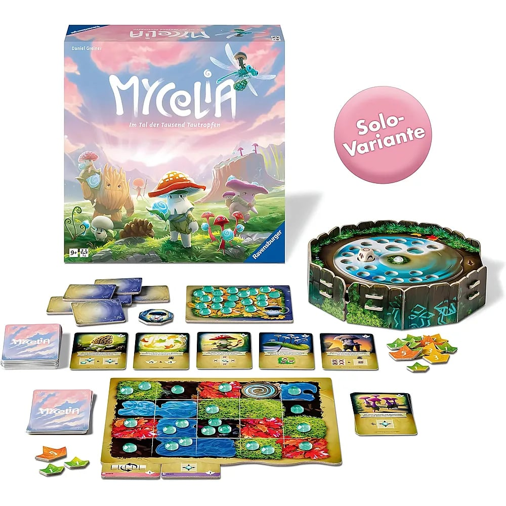 Mycelia Brettspiel mit Schachtel, runder Arena, Karten, Spielbrettern und bunten Wassertropfen-Spielsteinen.
