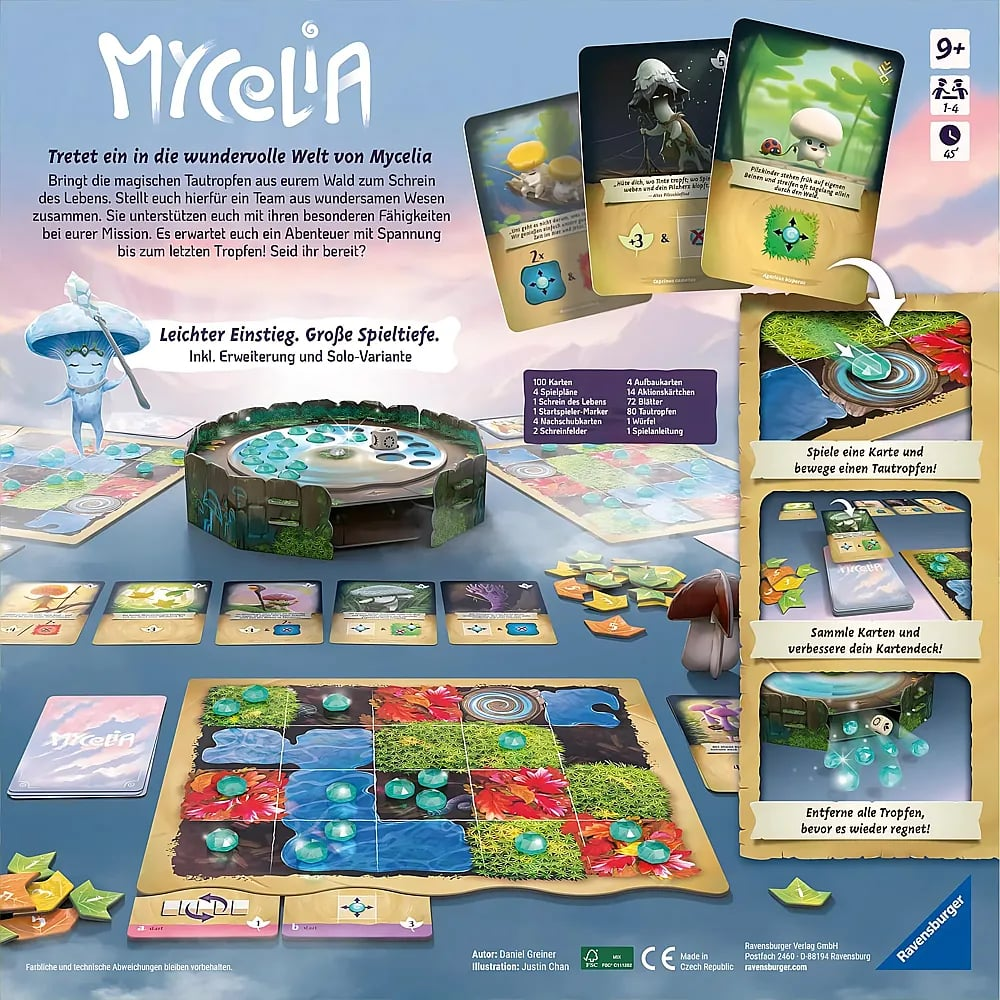 Die Brettspielverpackung von Mycelia zeigt Spielkarten, einen dreidimensionalen Schrein und eine farbenfrohe Matte.