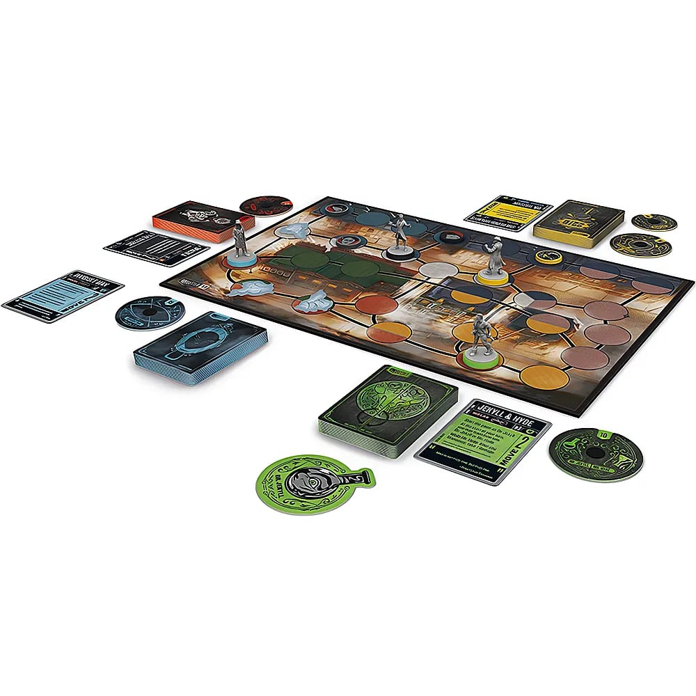 Ein Brettspiel mit Karten, Spielfiguren und Markern auf weißem Hintergrund.