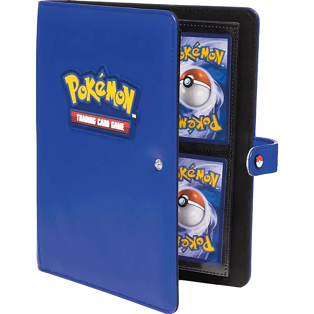 Un classeur de cartes à collectionner Pokémon bleu avec des cartes visibles à l'intérieur.