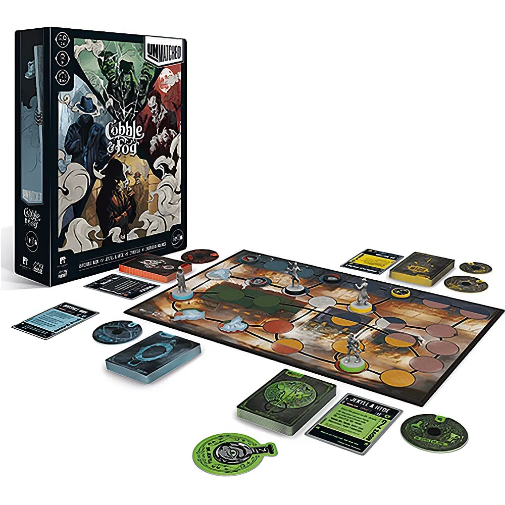 Unmatched Cobble and Fog Brettspiel mit Box, Spielbrett, Miniaturen, Karten und Token auf weißem Hintergrund.