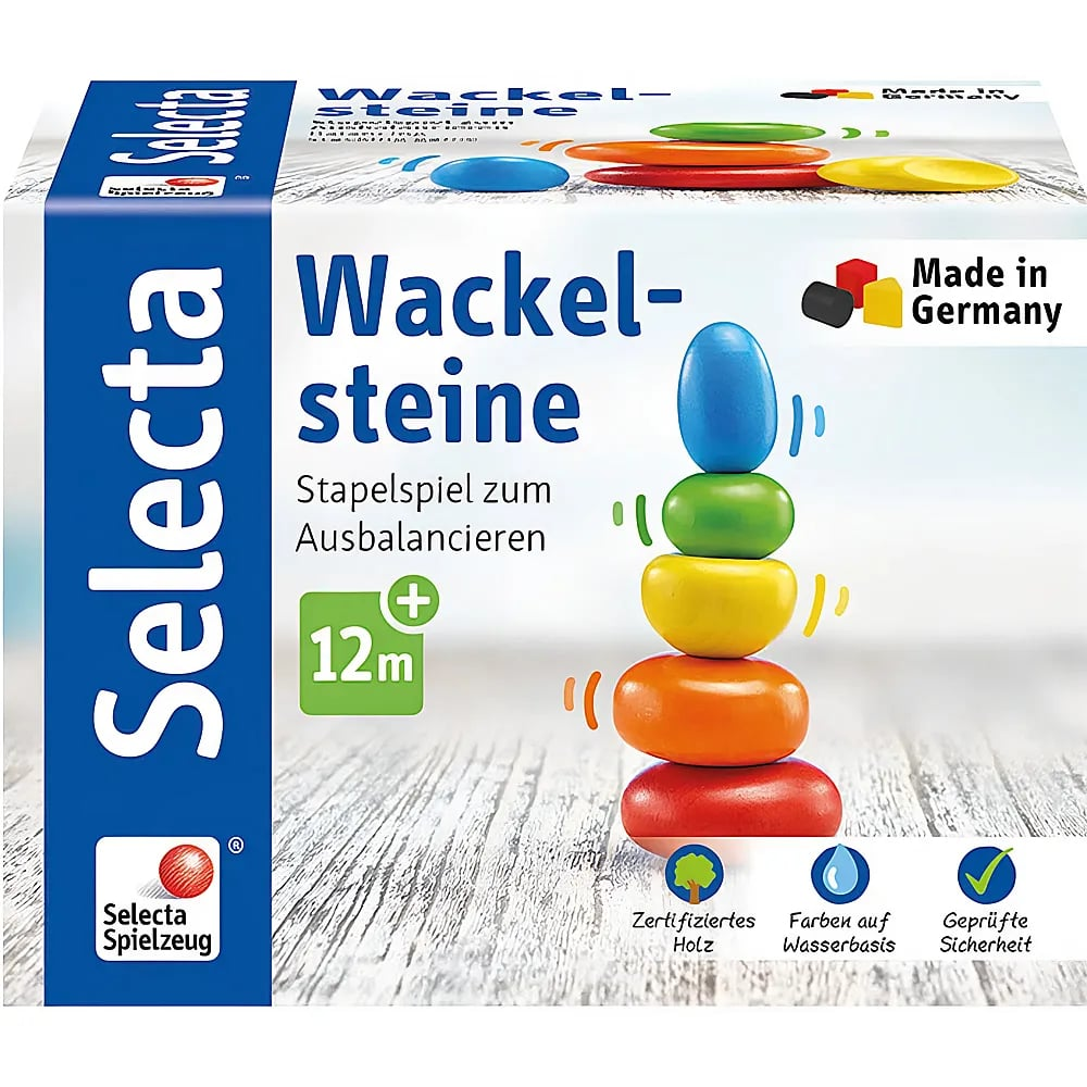 Selecta Wackel-steine Stapelspielkarton zeigt einen ausbalancierten Turm aus bunten Holzsteinen.
