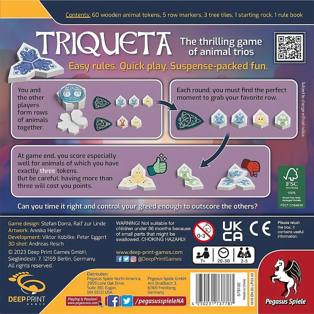 Rückseite der Spieleverpackung von Triqueta mit Regeln, Komponenten und Infos.