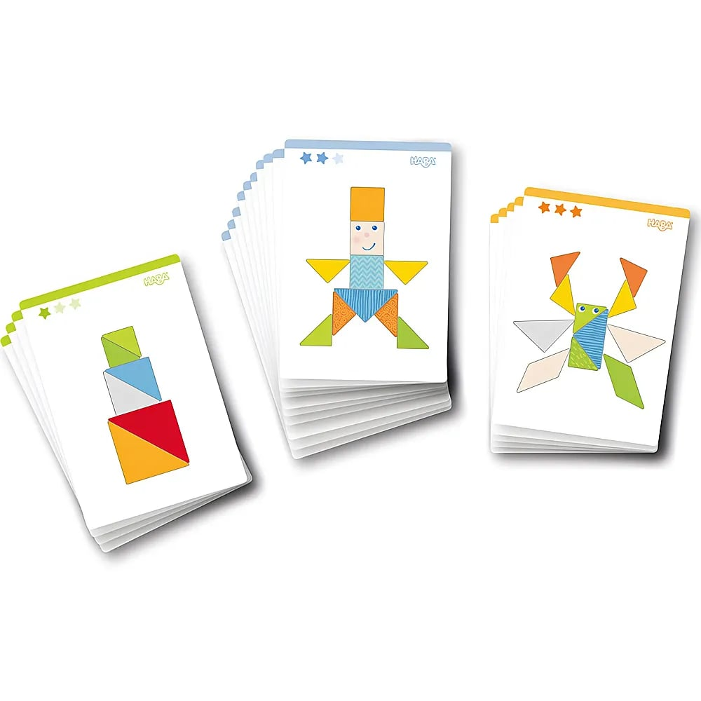Tres montones de cartas de HABA muestran formas geométricas coloridas que forman una torre, una figura y un cangrejo.