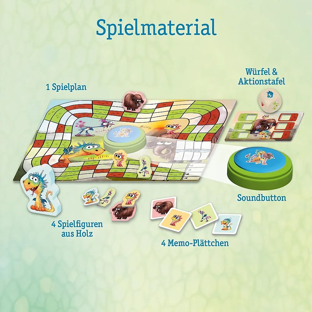 Spielmaterial eines Brettspiels mit Spielplan, Figuren, Soundbutton, Würfel und Memo-Plättchen.