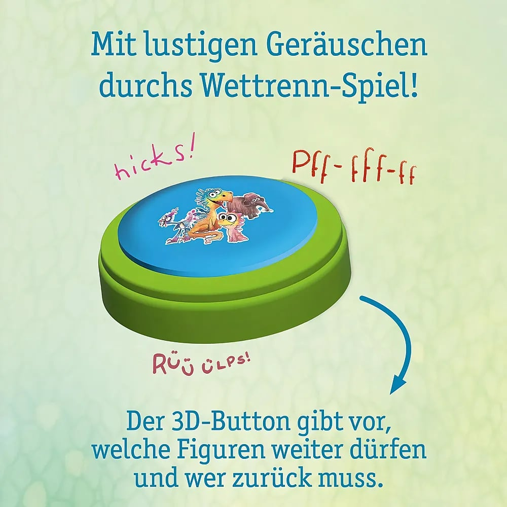 Ein runder grüner Knopf mit blauem Zentrum zeigt bunte Tierfiguren, umgeben von deutschem Text und Geräuscheffekten.