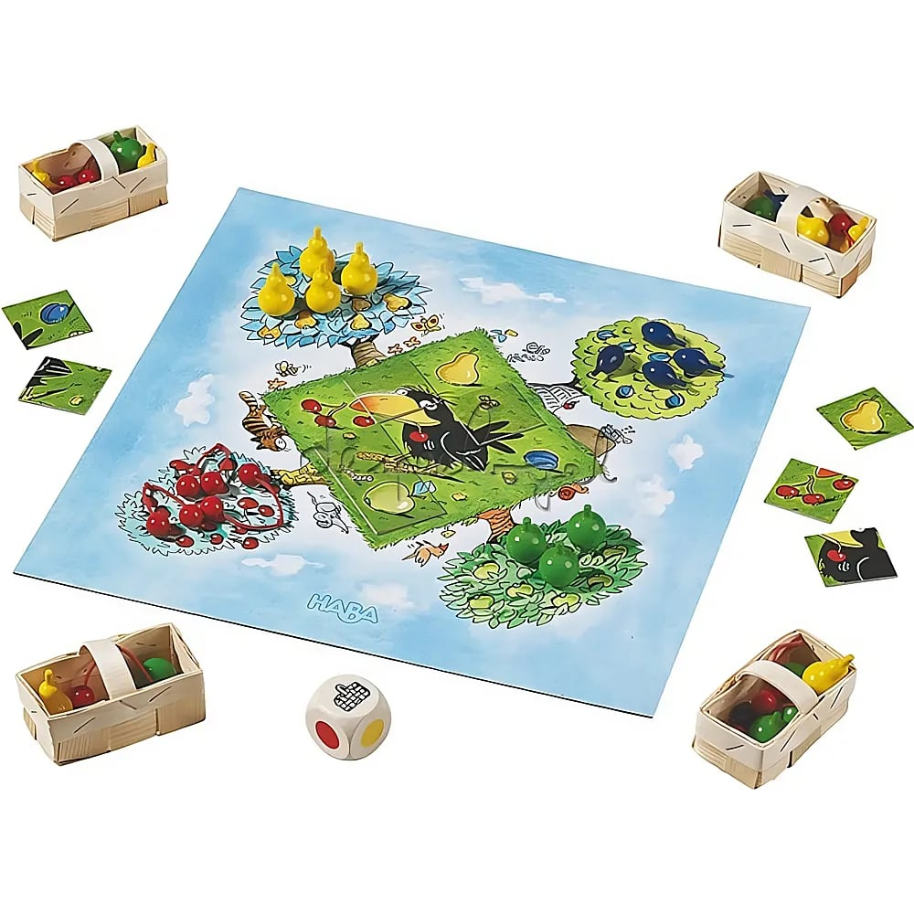 Ein HABA-Brettspiel mit Spielplan, Obstkörben, Holzfrüchten, Karten und einem Würfel.