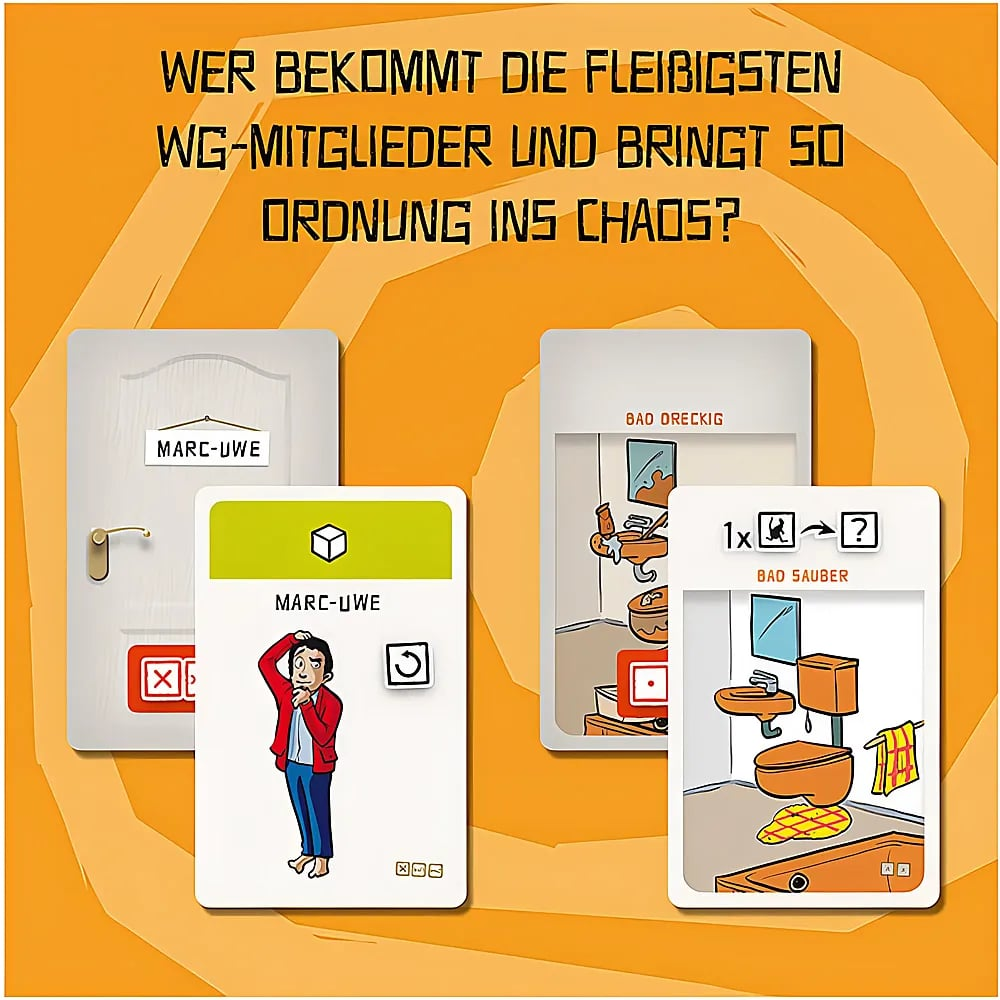 Spielkarten mit Illustrationen von Zimmern, Personen und Text auf einem orangefarbenen Hintergrund.