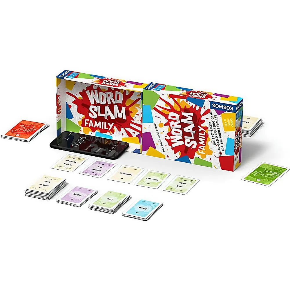 Wort Slam Familienbrettspiel mit bunten Karten, Schachtel und Stoppuhr auf weißem Hintergrund.
