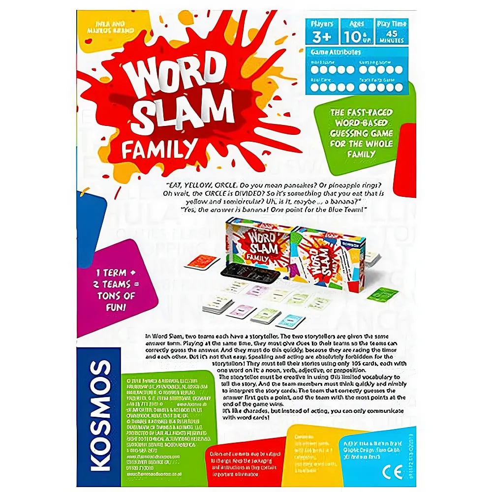 Rückseite der Spielverpackung von Word Slam Family mit bunten Grafiken und Spielregeln.