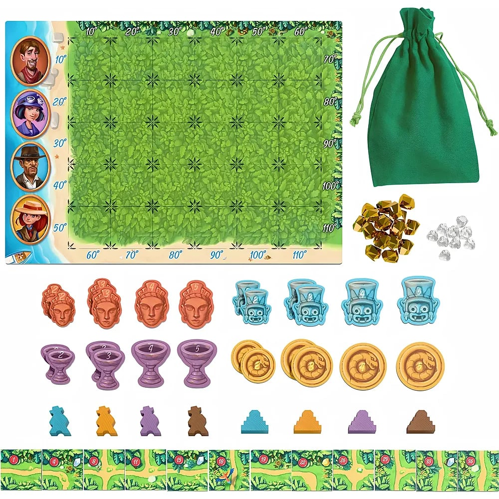Brettspielkomponenten inklusive Spielbrett mit Blättern, Stoffbeutel, farbige Spielsteine und goldene Kristalle.
