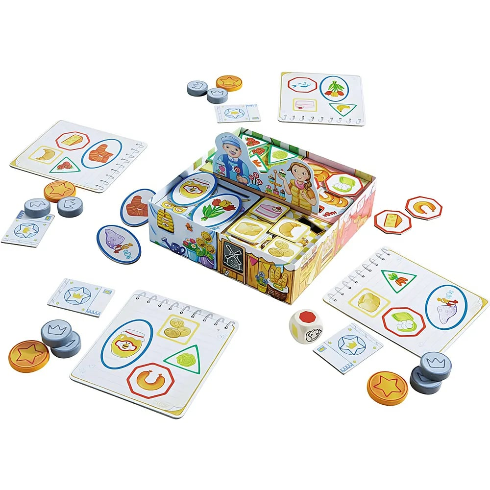 Un jeu de société avec des cartes colorées, des jetons en bois et une boîte en carton.