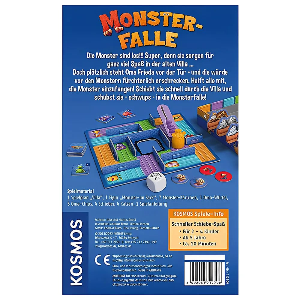 Die Rückseite des Brettspiels 'Monster-Falle' mit blauem Spielbrett, Spielteilen und deutscher Beschreibung.