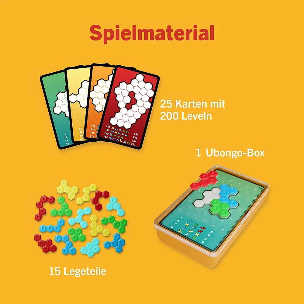 Brettspielkomponenten auf gelbem Hintergrund: vier Karten, fünfzehn bunte Puzzleteile und eine Spielschachtel.