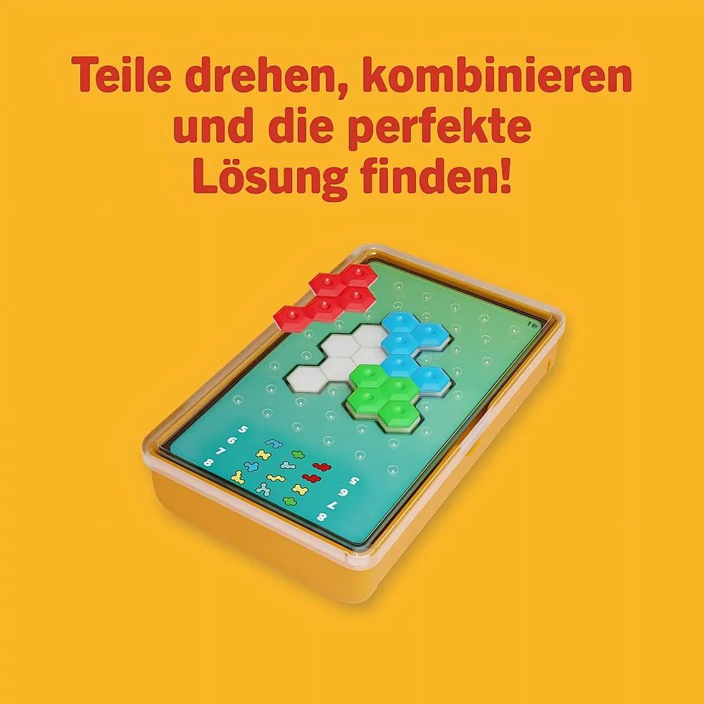 Ein gelbes Logikspiel mit buntem Puzzle und Text auf einem orangefarbenen Hintergrund.