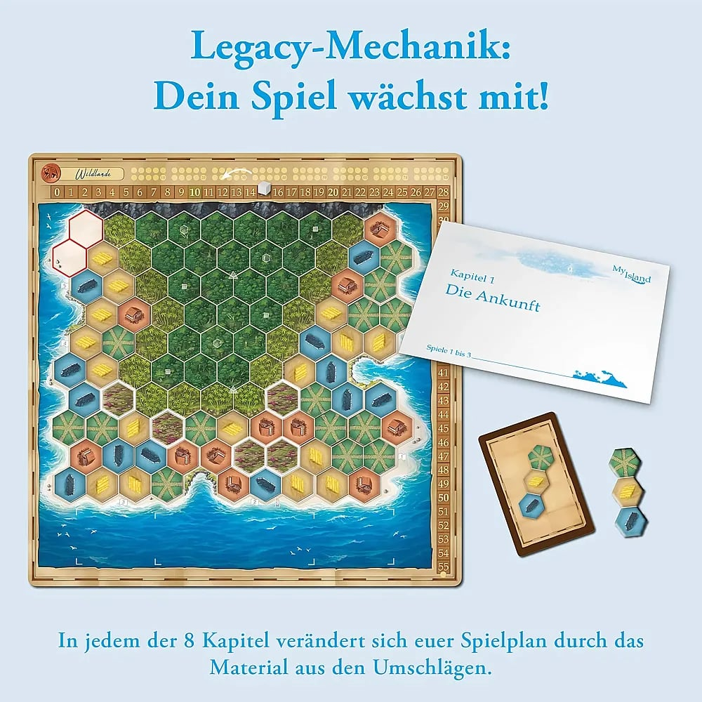 Ein Brettspiel mit hexadezimalen Feldern, Inseln, Karten und Text auf Deutsch.