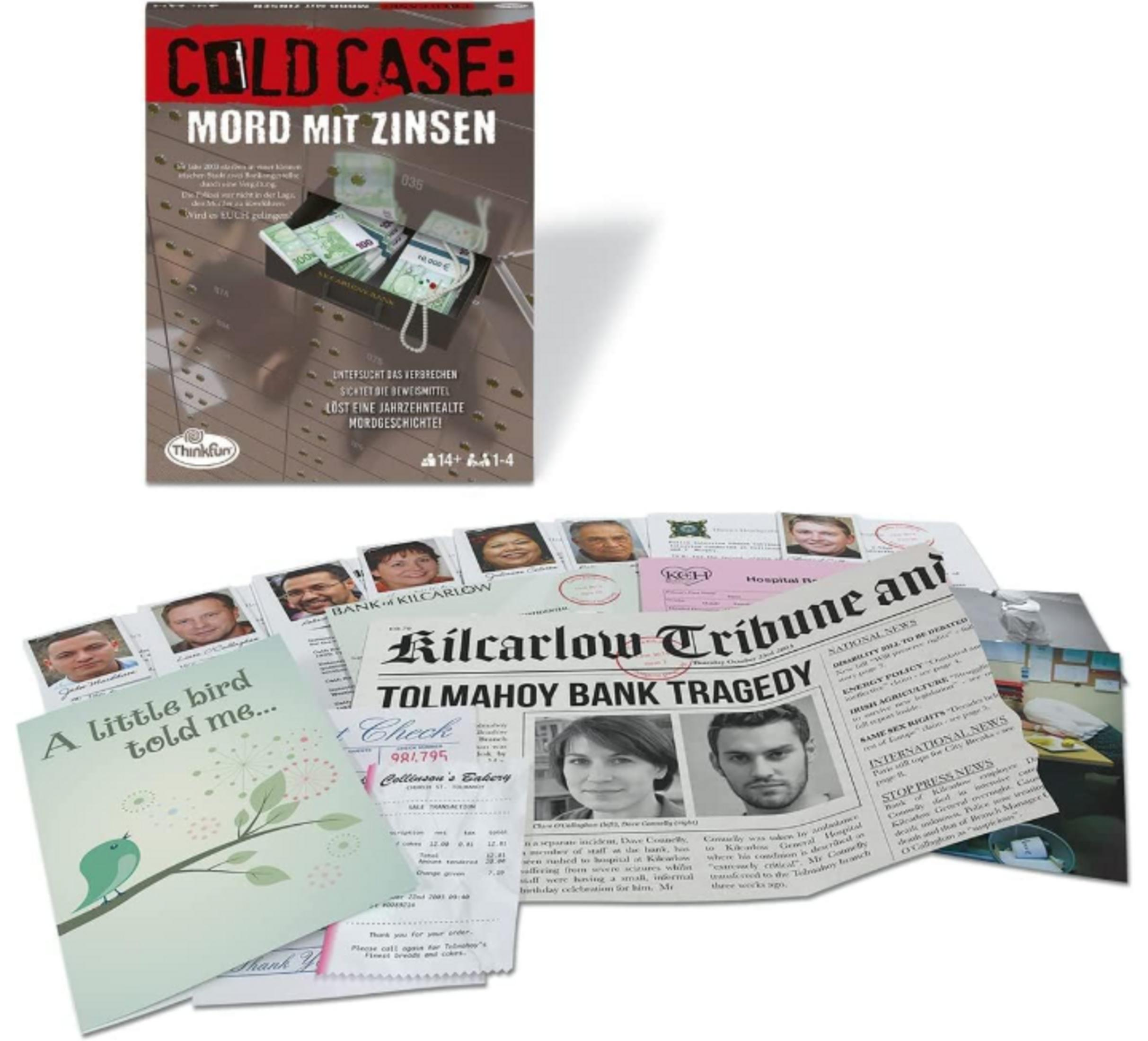 Ein Cold-Case-Krimi-Spiel mit Schachtel, Zeitung, Akten und Beweisen auf weißem Hintergrund.