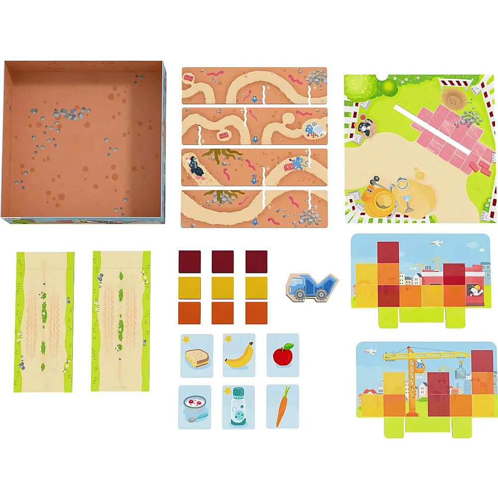 Verschiedene Spielkomponenten eines Brettspiels mit Schachtel, Bodenpuzzleteilen, Karten und Aufstellern.