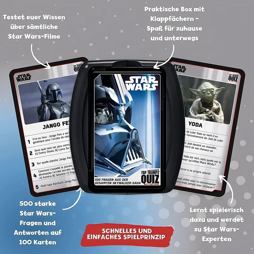 Star Wars Quiz-Kartenspiel in schwarzer Box mit Jango Fett- und Yoda-Karten sowie deutscher Werbung.