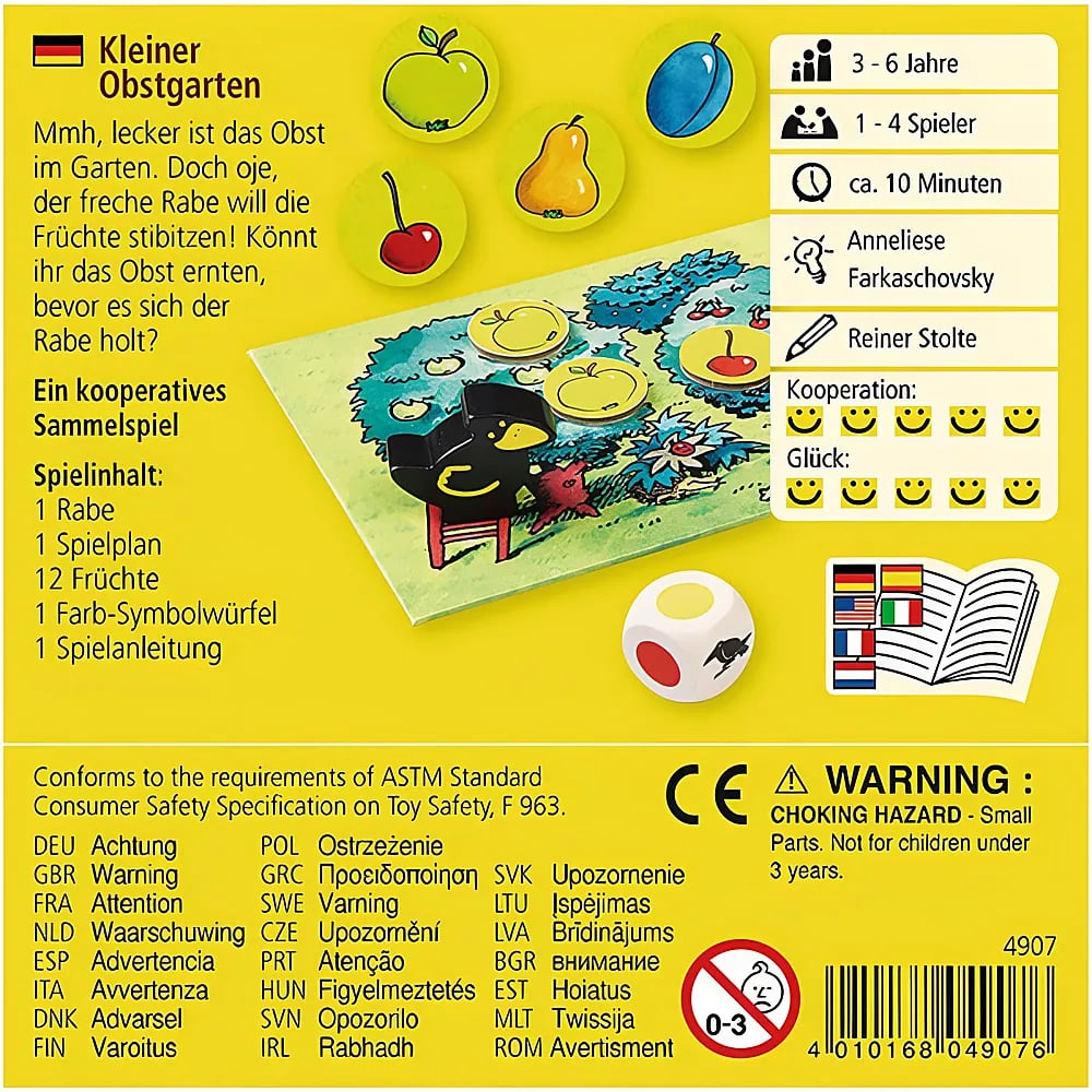 Rückseite der 'Kleiner Obstgarten' Spielverpackung mit Details, Fruchtplättchen und Raben-Illustration.