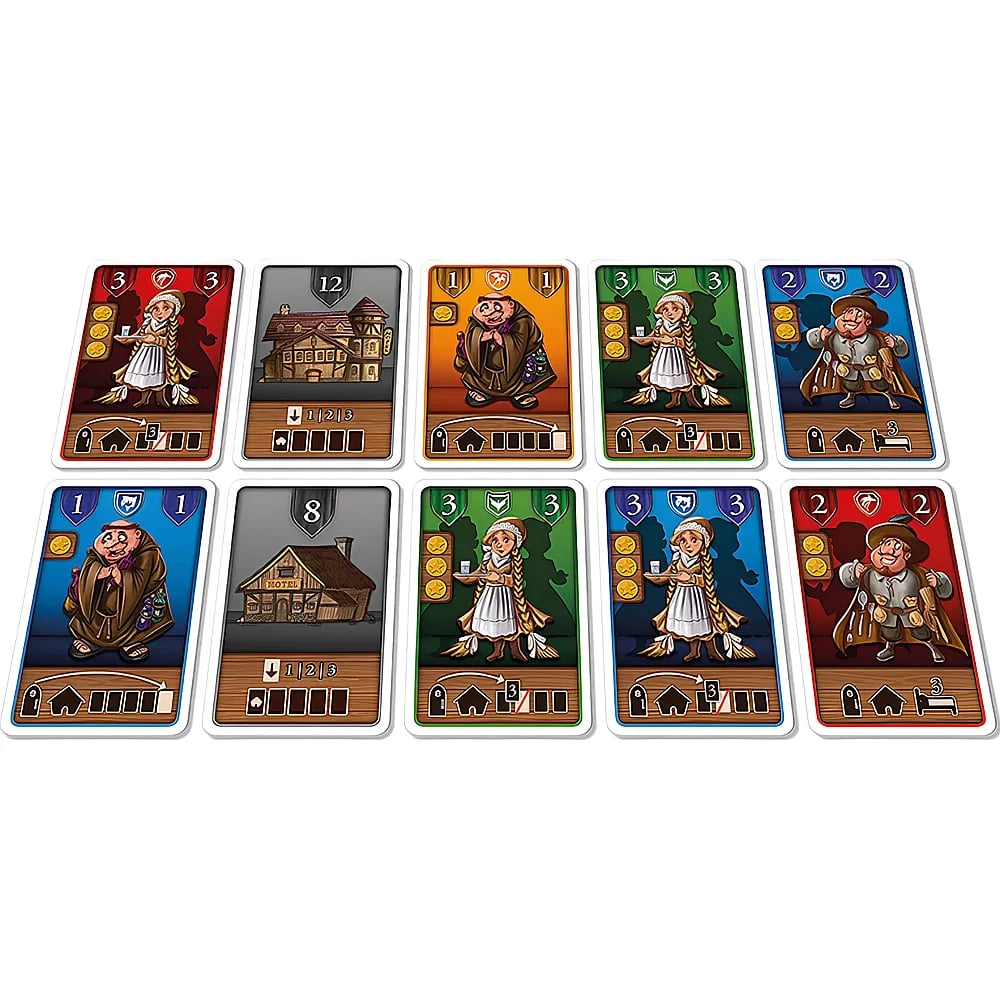 Dix cartes de jeu de société colorées avec des personnages et des bâtiments sur fond blanc.