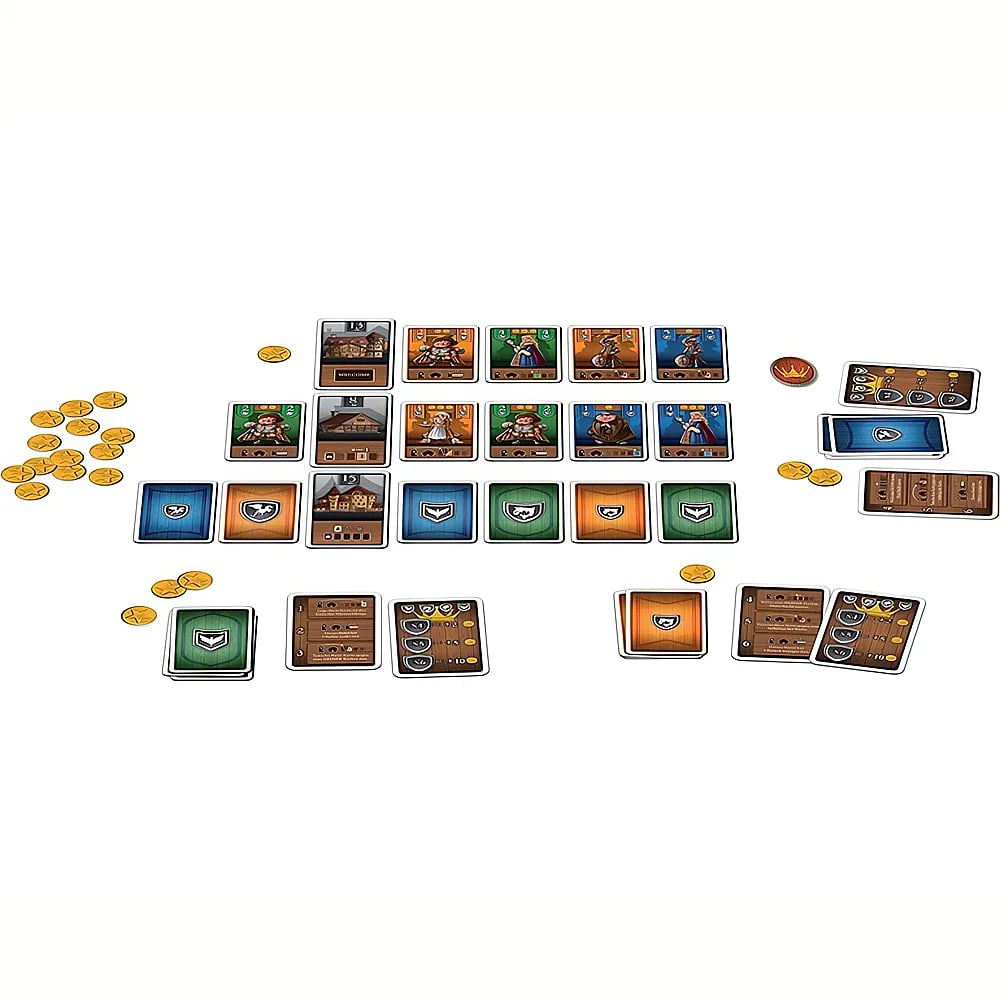 Un jeu de plateau avec des rangées de cartes colorées et de petites pièces d'or sur fond blanc.