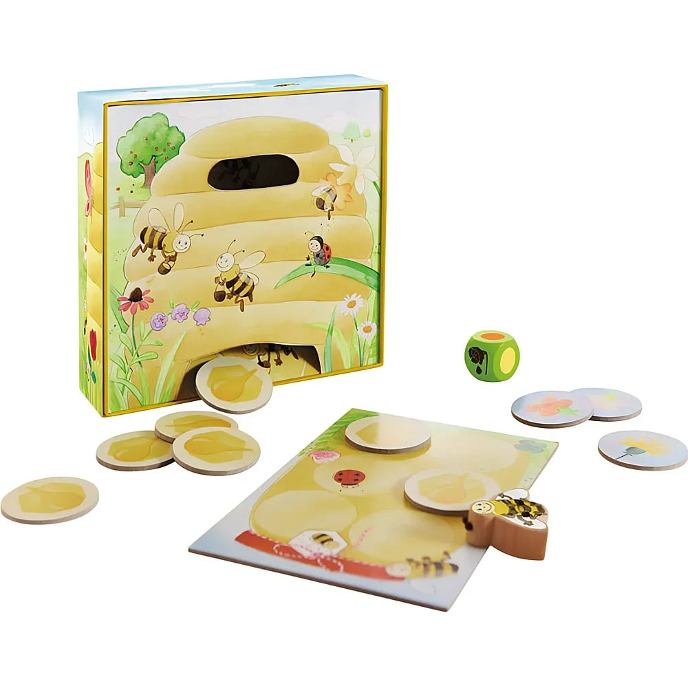 Ein Kinder-Bienenstock-Brettspiel mit Holzbiene, Blumenplättchen und einem Würfel auf weißer Fläche.