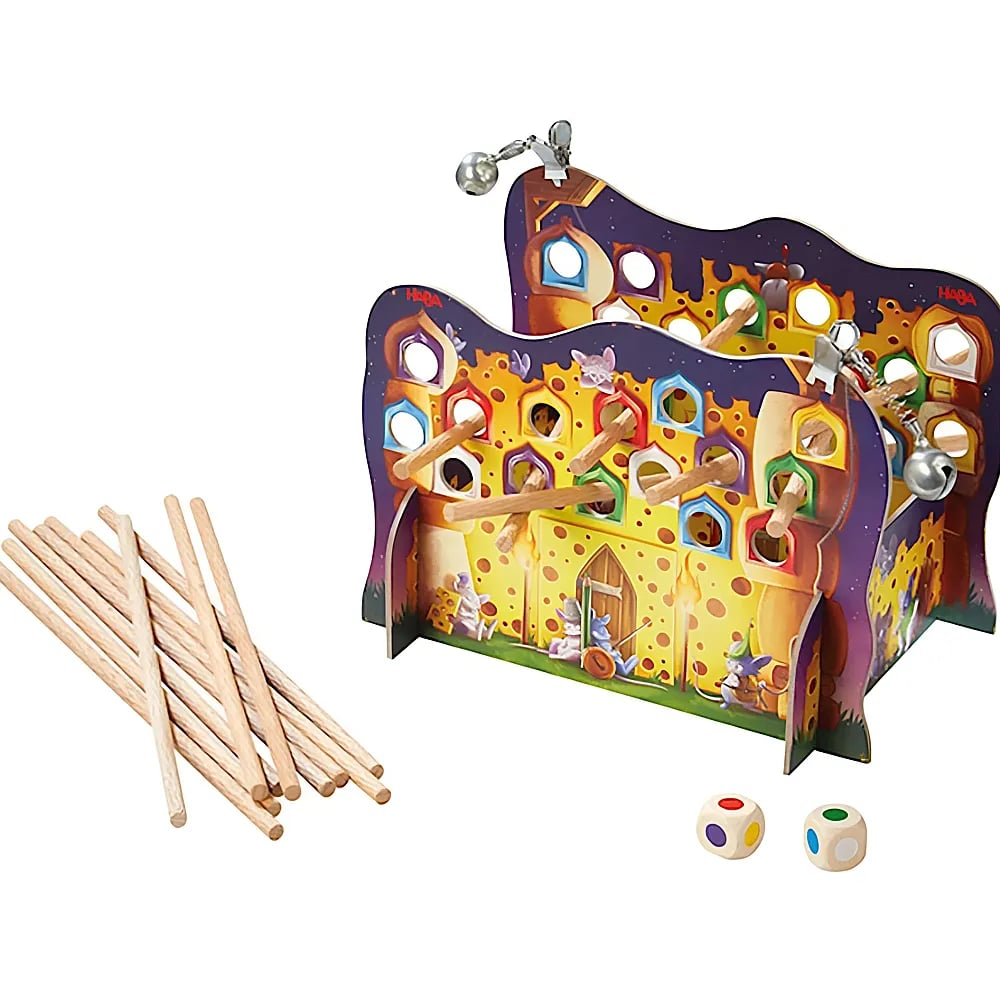 Un jeu coloré en forme de maison de fromage avec bâtonnets, dés et clochettes.