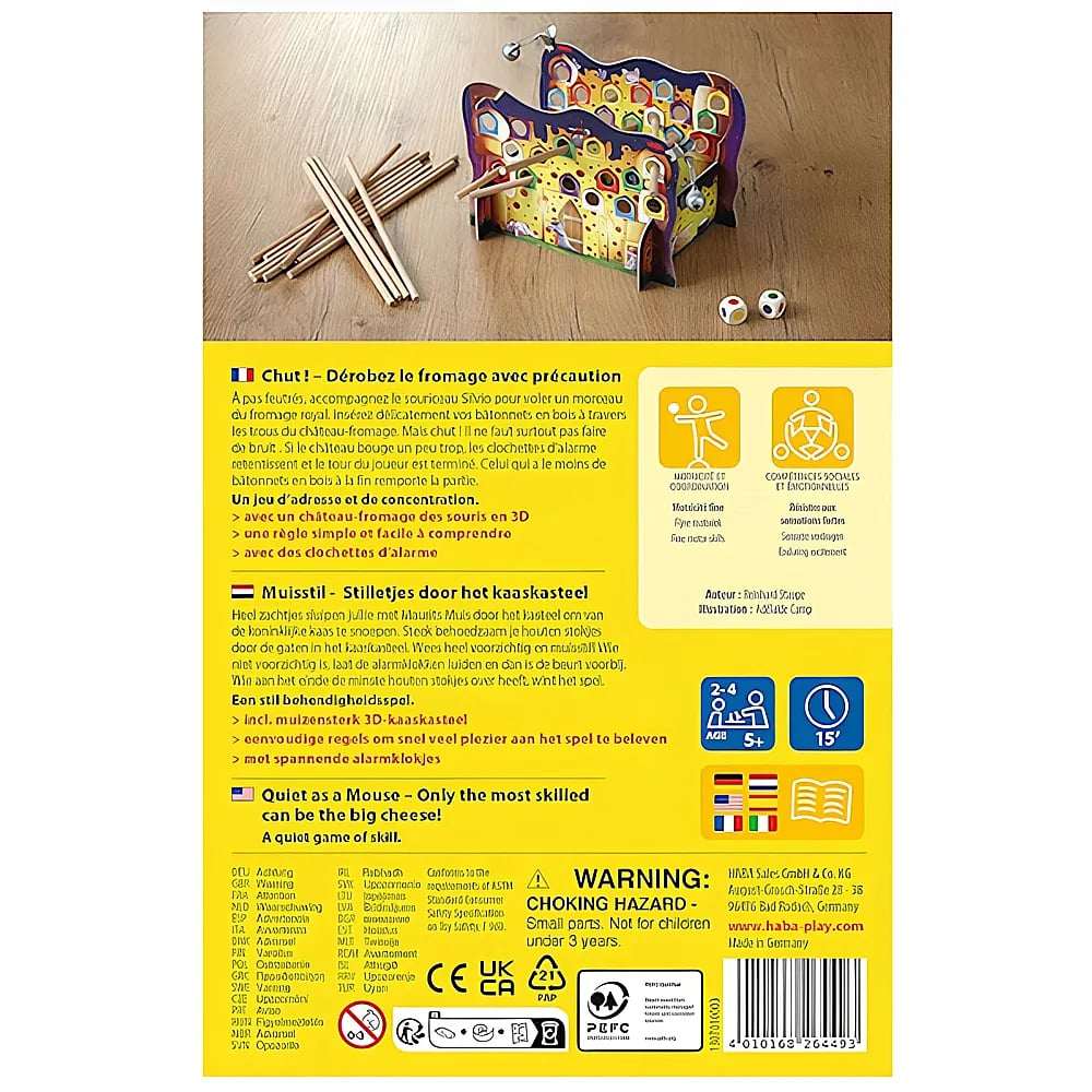 Emballage du jeu Haba avec château de fromage en 3D, bâtonnets en bois et détails.