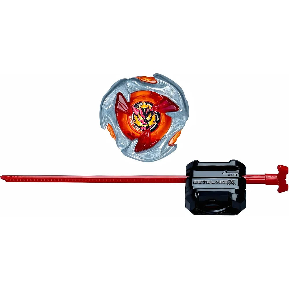Ein silberner und orangefarbener Beyblade mit rotem Startgerät und Band auf weißem Grund.