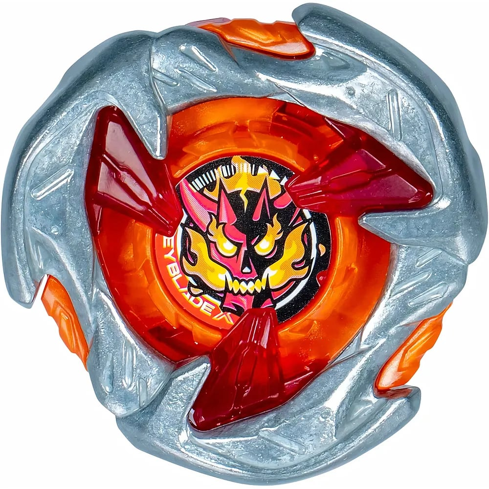 Ein Beyblade-Kreisel mit silbernem Metallrahmen, orangefarbener Innenschicht und rotem Dämonenschädel in der Mitte.
